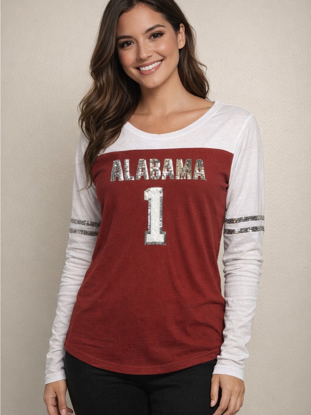 Campus Heritage Juniors Sequin Alabama Long Sleeve V Neck Shirt Ladies Large